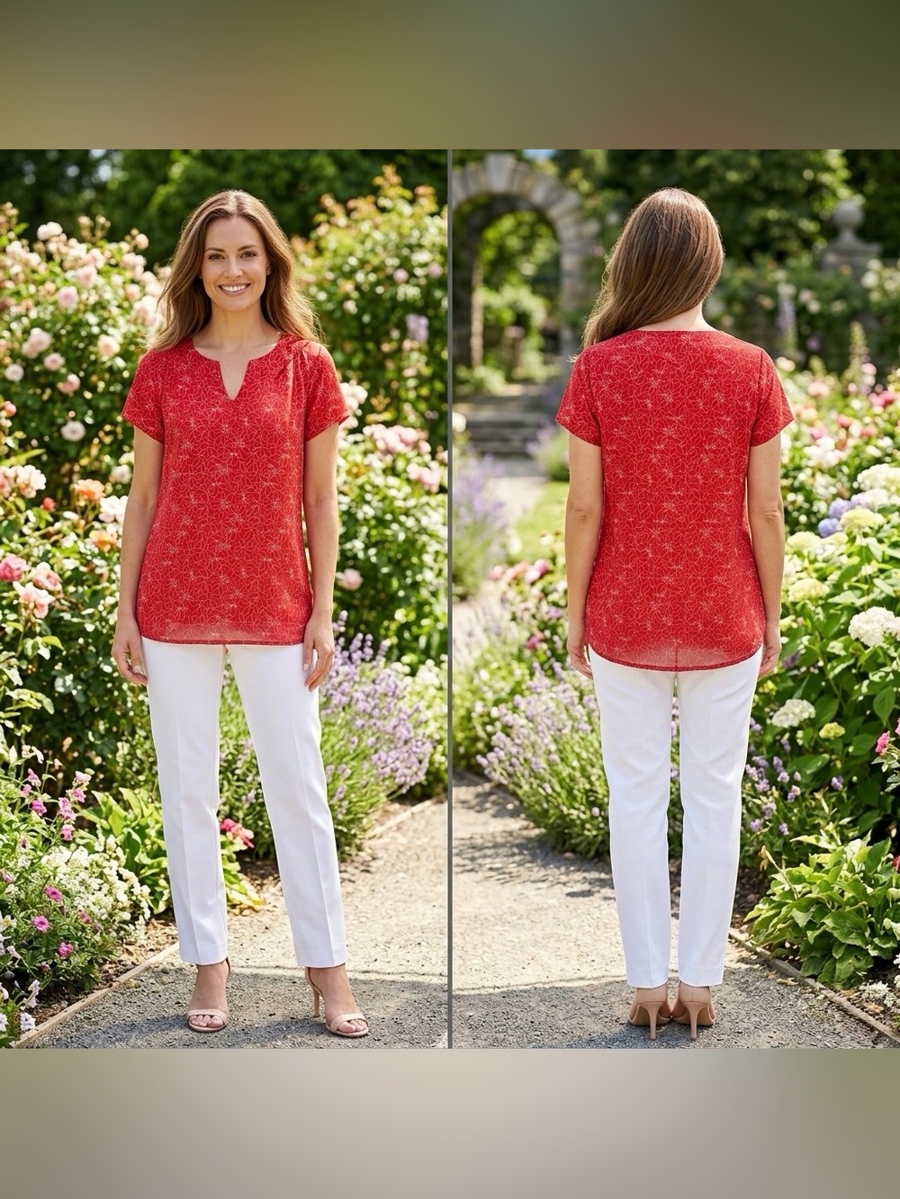 Blush Women’s Red Short Sleeve Floral Print Notch Neck Blouse Size Large
